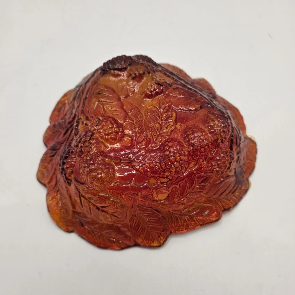 Vintage Amber‎ Pressed Glass Blackberry Leaf Dish Fall Harvest Cottagecore Decor